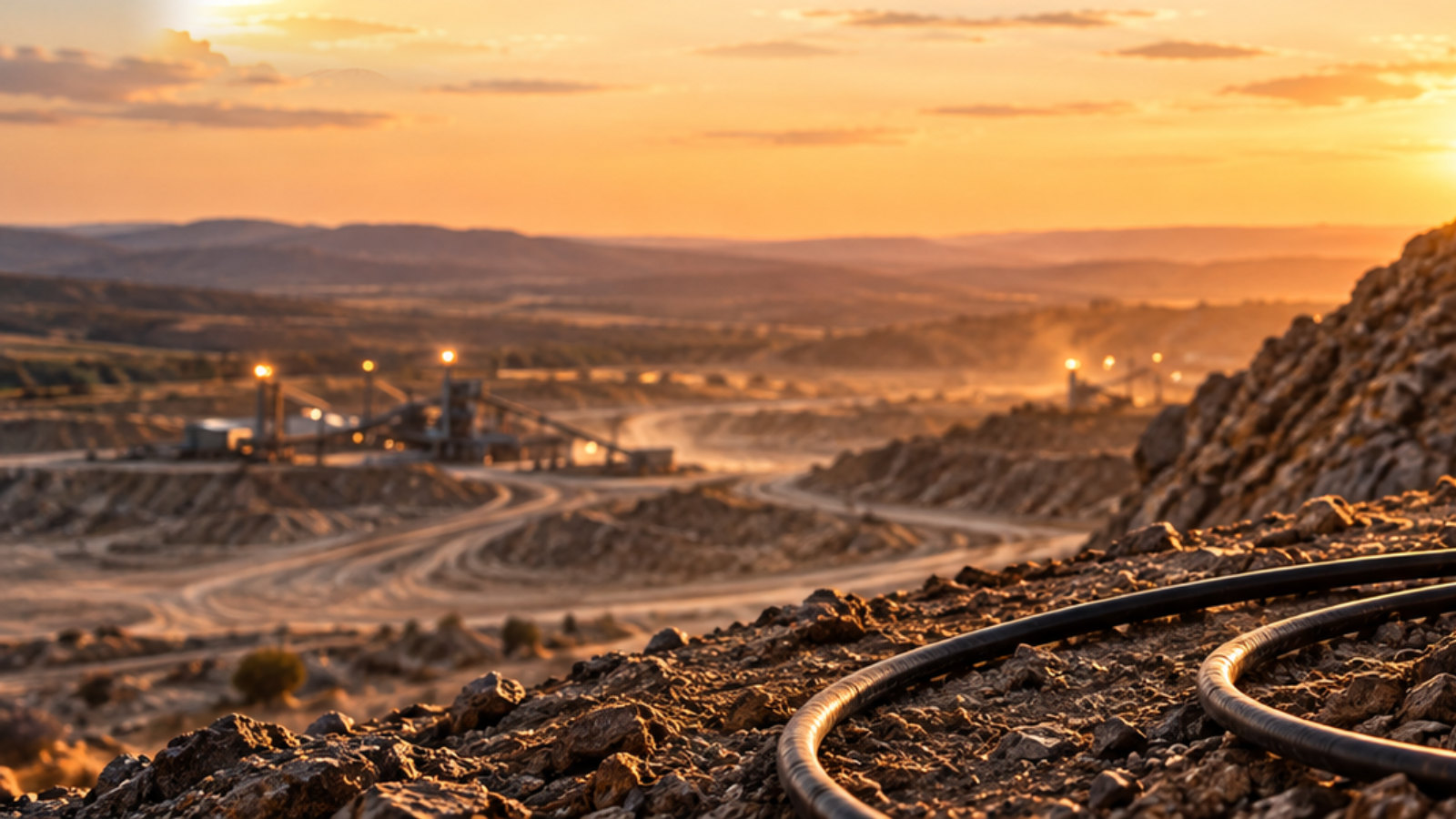 Mine site processing plant and haul roads at sunset in Western Australia